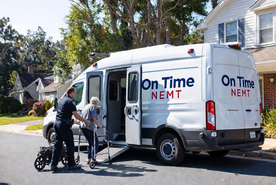 On Time NEMT driver assisting patient into medical transport van — Hampton Roads, Virginia